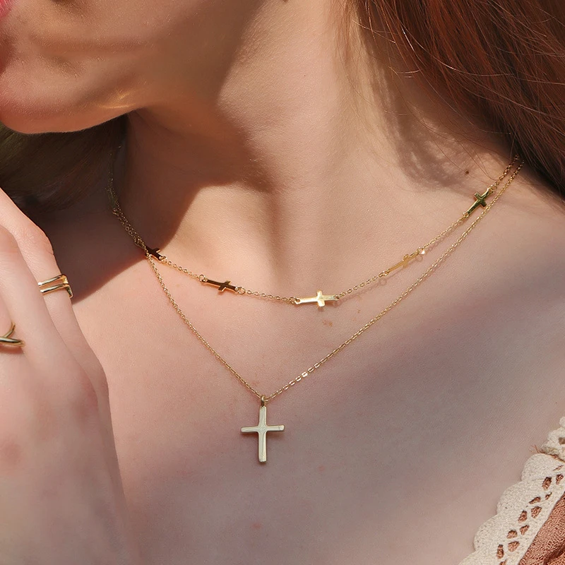 

religious christian faith jesus classic cross charm 18k Gold plated high polish cross pendant necklace, Golden