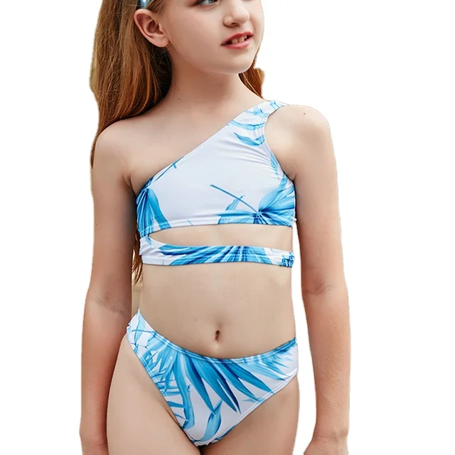 

New digital printing oblique shoulder hollow out girl hot spring bikini 10 years old girl swimsuit, As pic /customize