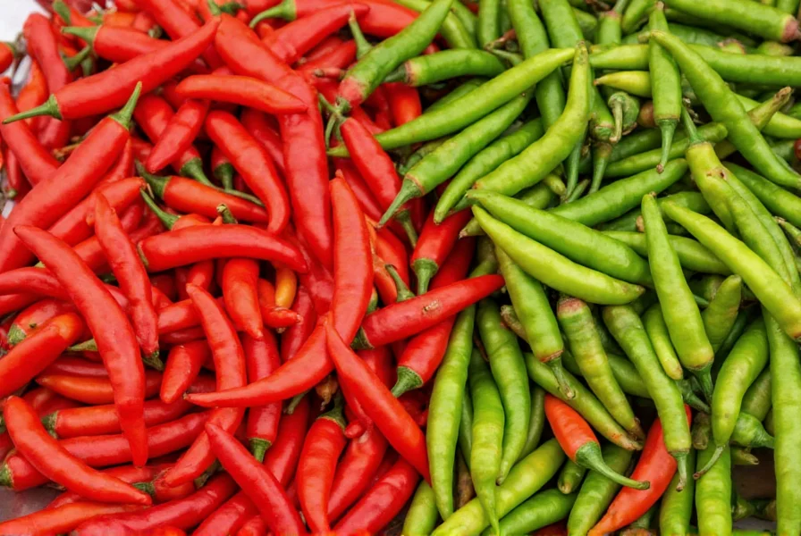 Variety of fresh chili peppers at a farmers market display