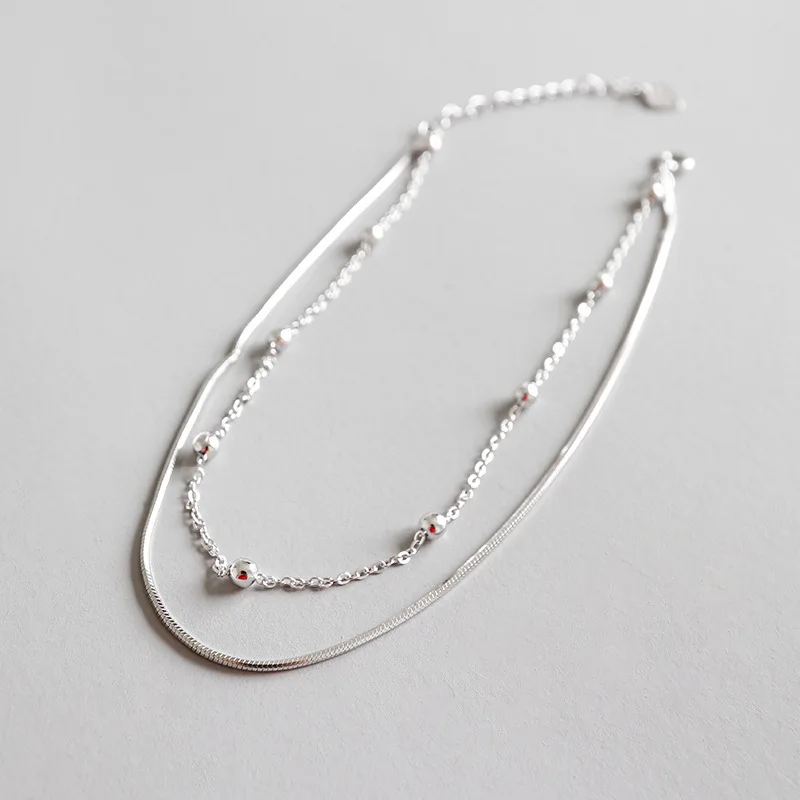 

fashion 925 Sterling Silver ball bead Double chains anklets for summer jewelry for women jewelry