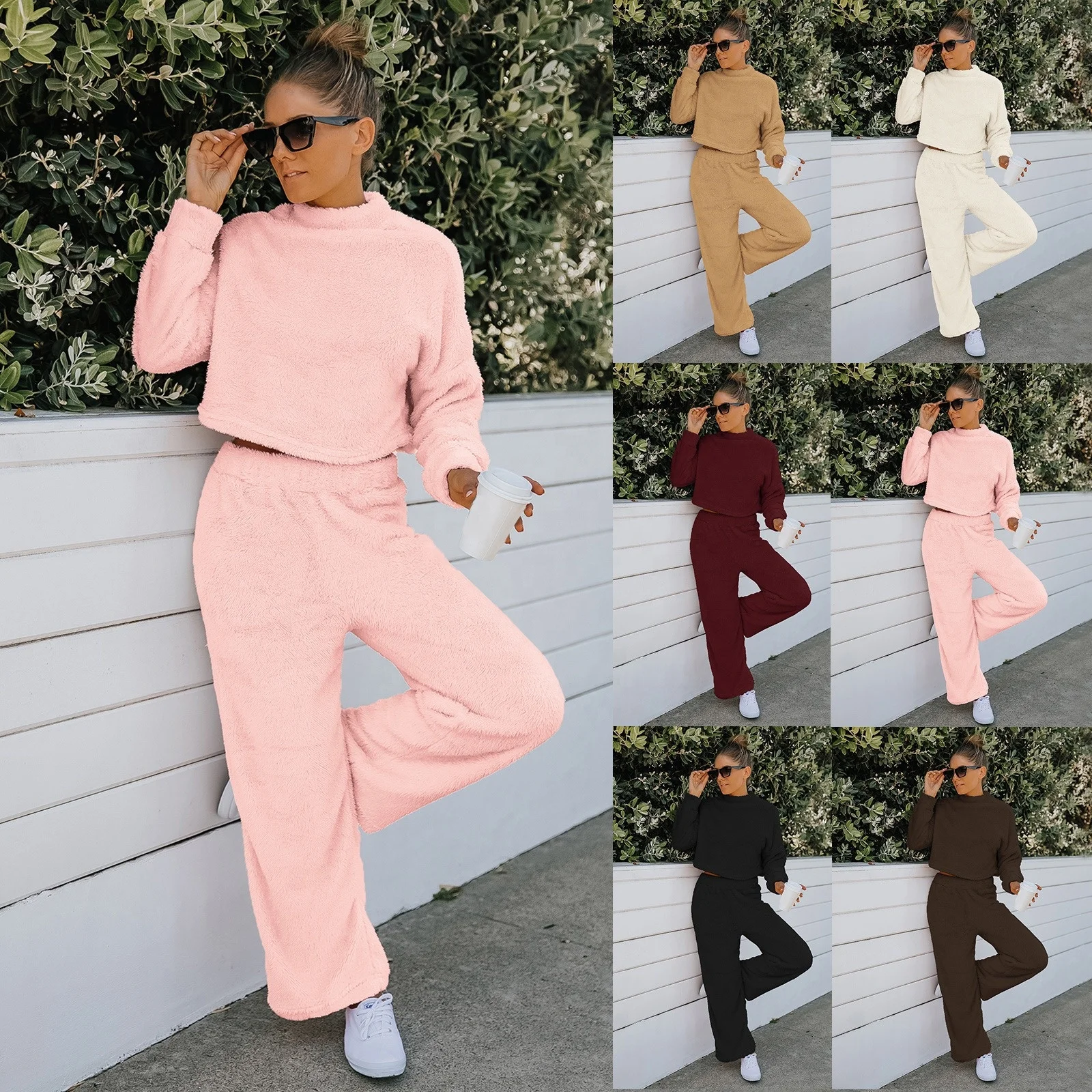 

Autumn and winter women's new double-sided velvet short top set home pants two-piece