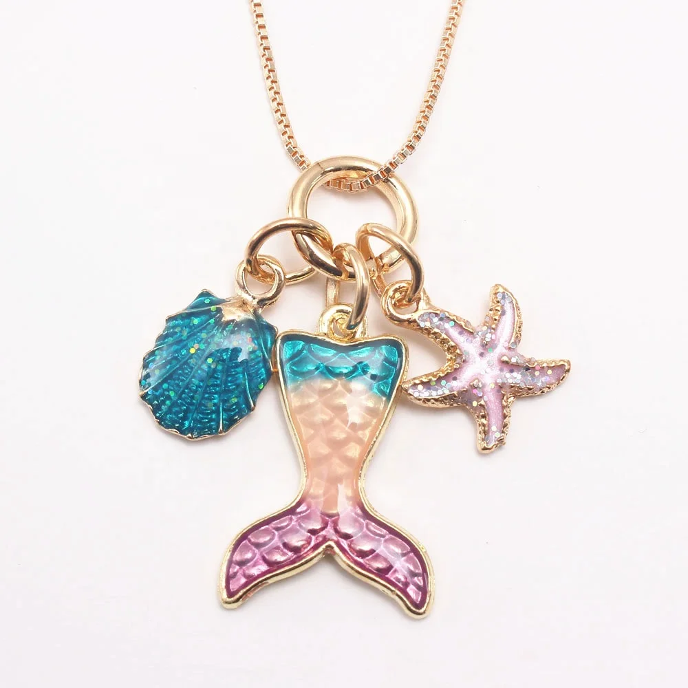 

Cute gold plated seashell starfish mermaid beach style colorful pendant necklace Mermaid Scales Shiny Tail Pendant Necklace