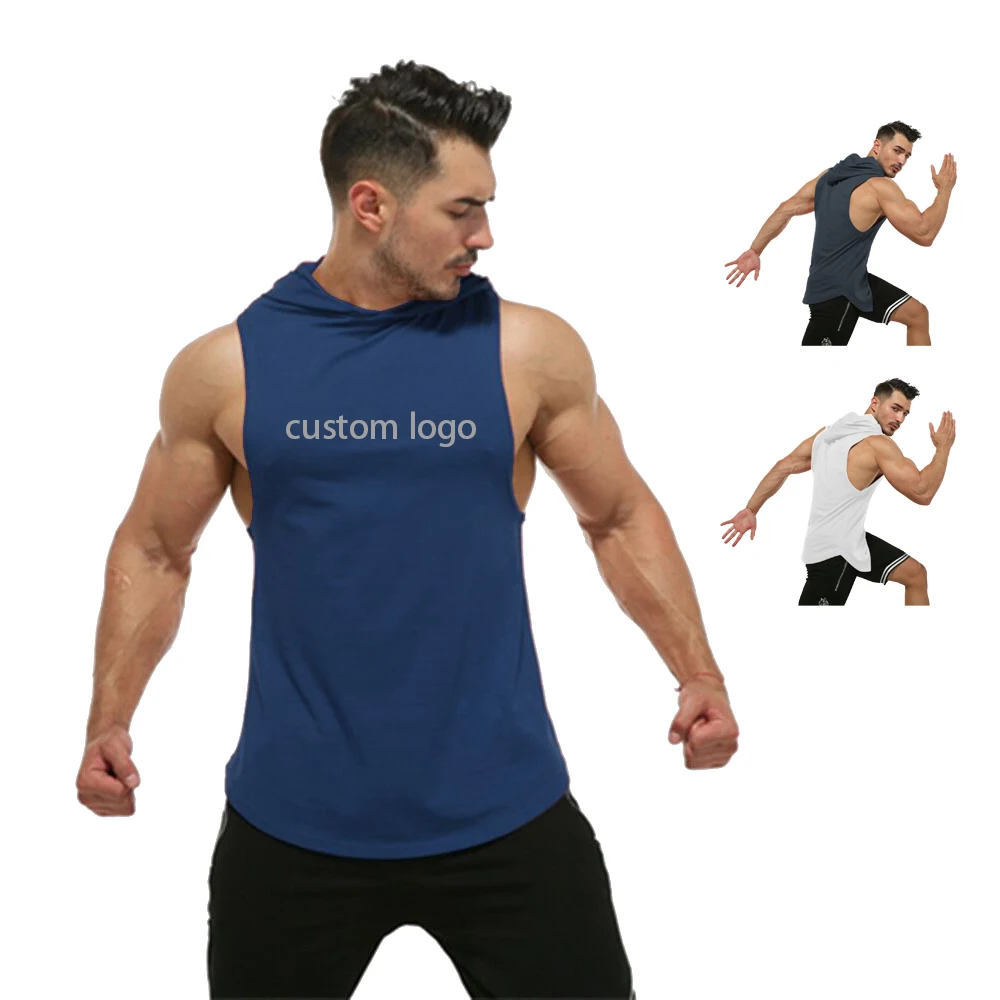 

customize blank cotton gym men fitness compression basketball workout t shirt big sleeveless hoodie muscle tank top, Customized color