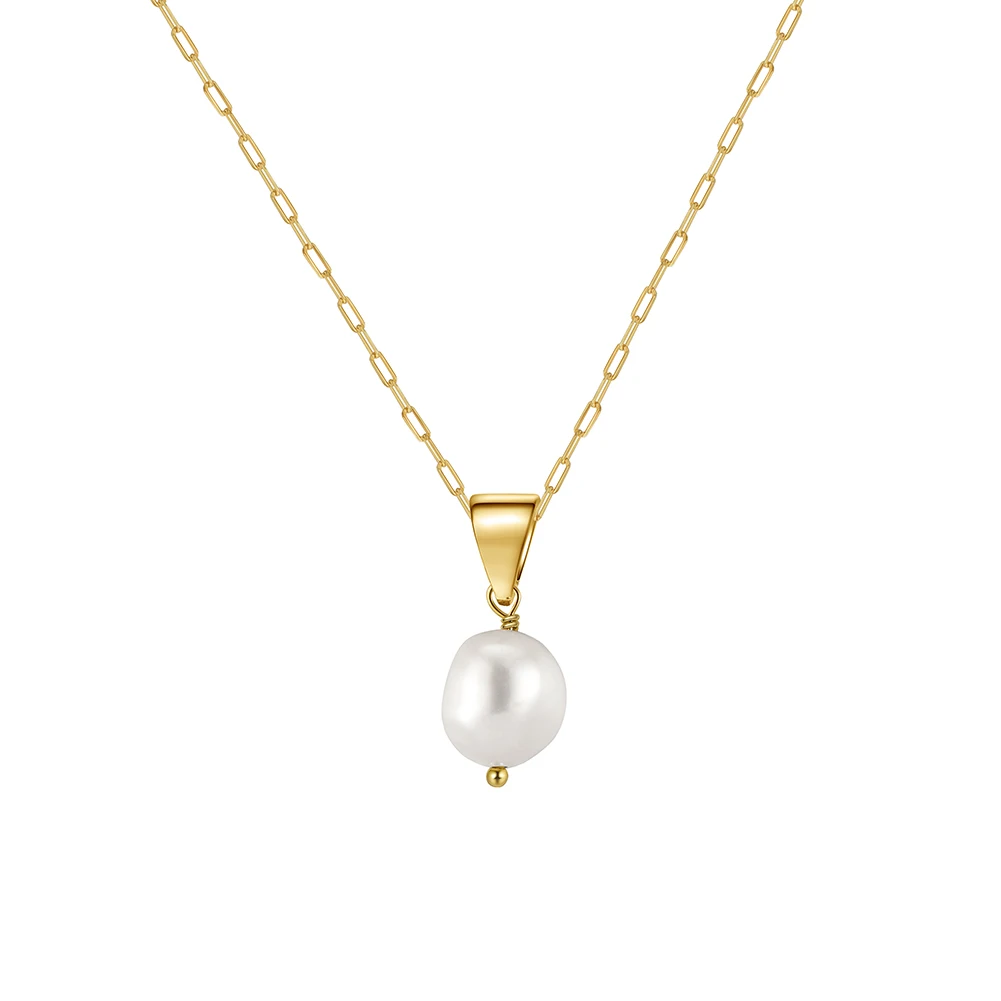 RINNTIN GPN24 Silver Freshwater Cultured White Pearl Drop Pendant 14K Gold Baroque Dangling Solitaire Pearl Necklace
