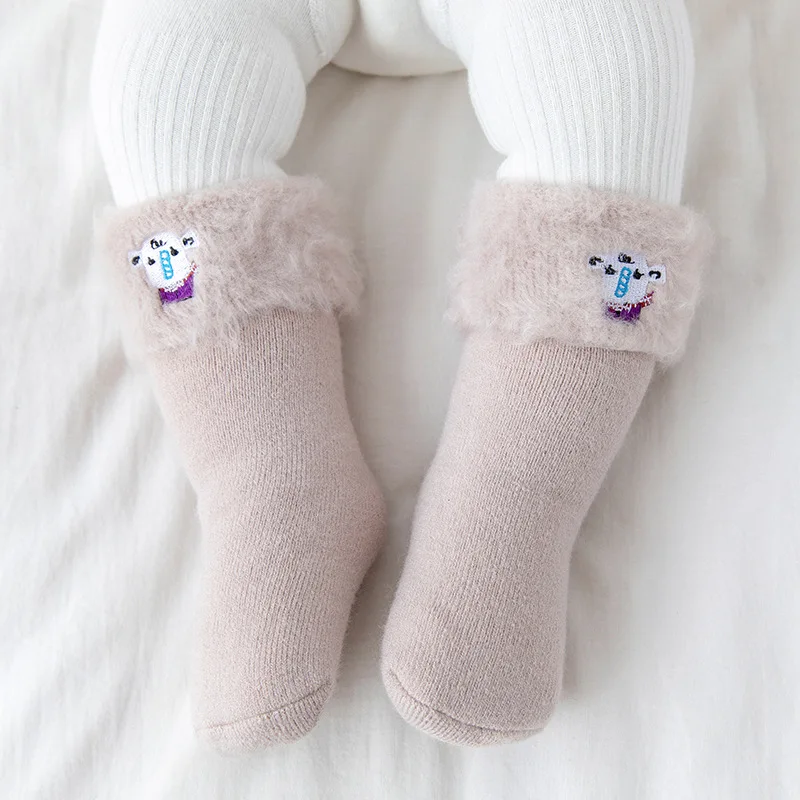 

Newborn winter snow socks knit Thicken velvet Cartoon baby high knee socks Plush cute baby girl long tube floor socks, Picture