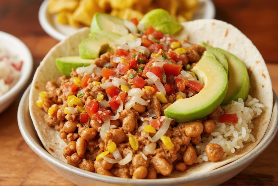 Close-up of Chipotle Sofritas served in a burrito bowl with rice, beans, and fresh toppings