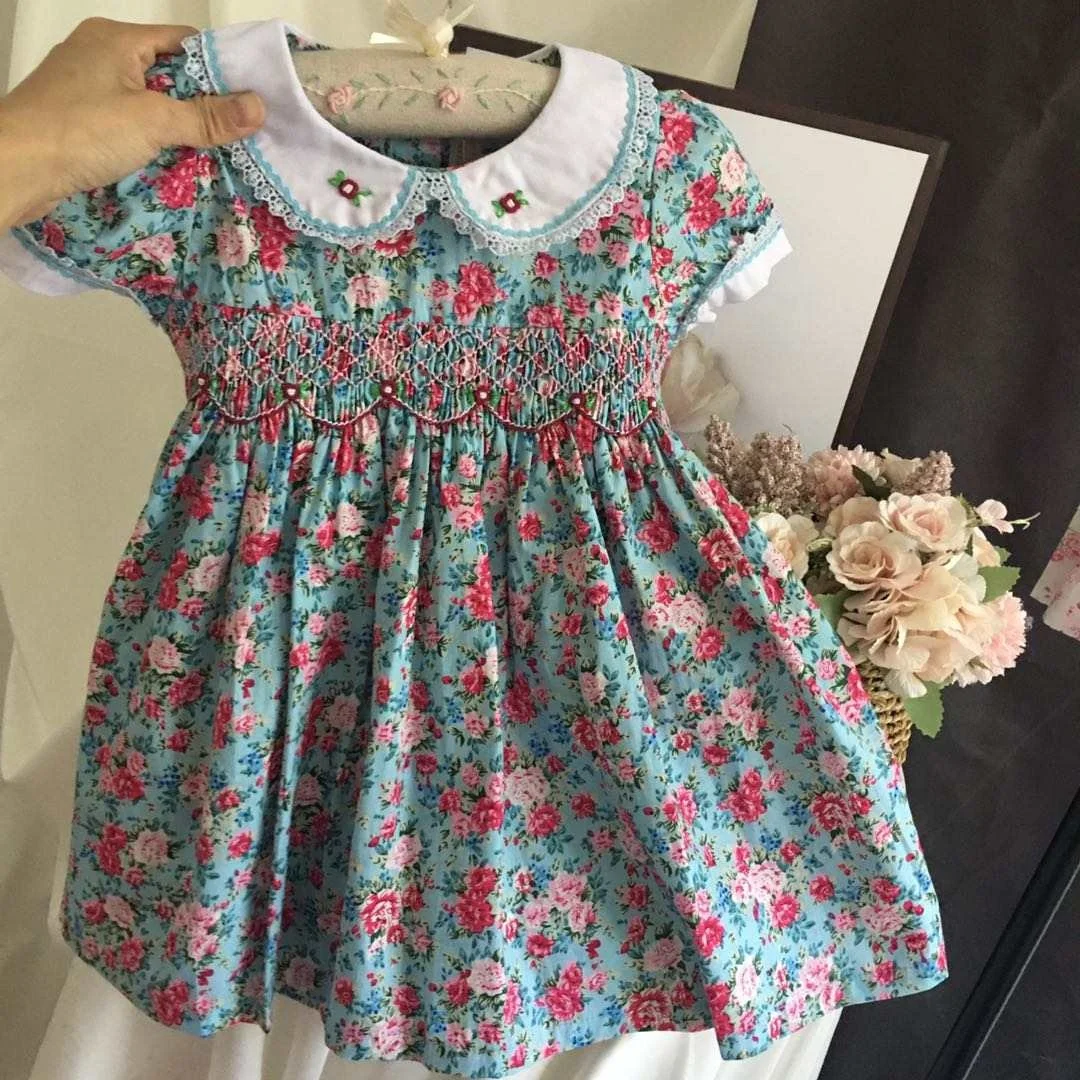 

C2010 summer blue flower baby girls smocked dresses cotton peter pan collar kids clothing children clothes