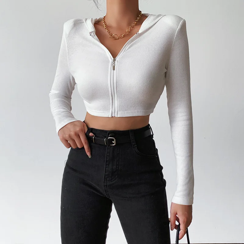 

Autumn Bodycon White Ribbed Zipper Women T-Shirt Streetwear Cotton Long Sleeve Femme T Shirts turtleneck Crop Tops Tees