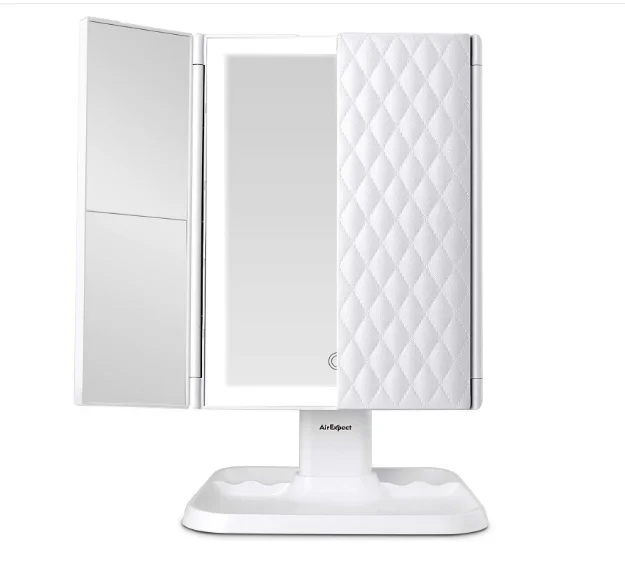 

2021 mirrors news professional 3 folding flexible base makeup mirror with LED lights auto-shut off lights function