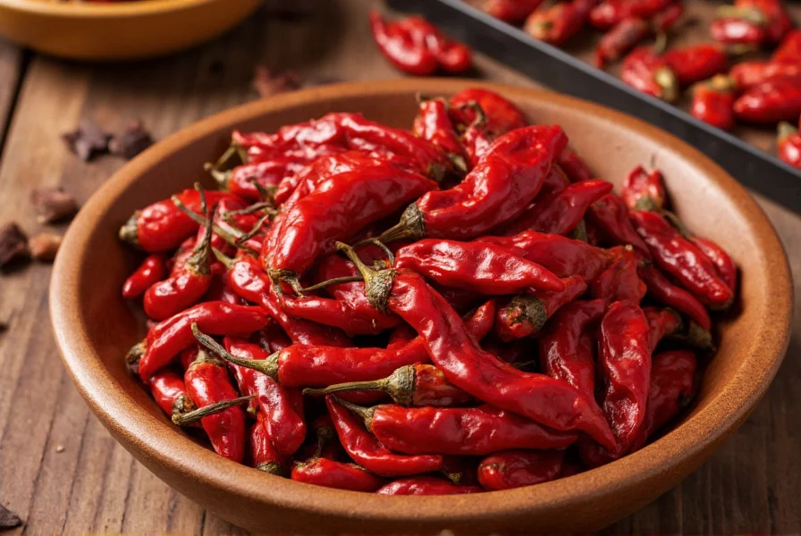 Close-up of dried Sichuan facing heaven chilies arranged in a wooden bowl
