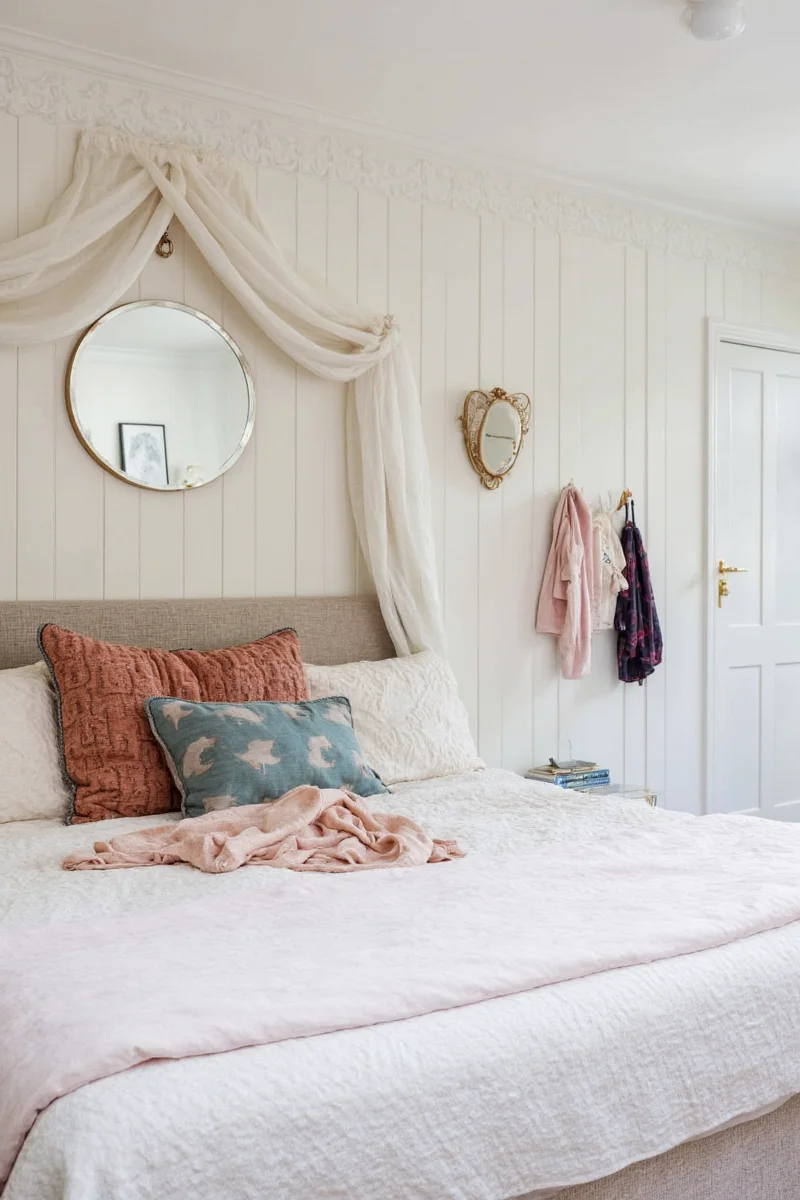 Master bedroom with seasonal decor swaps above the bed