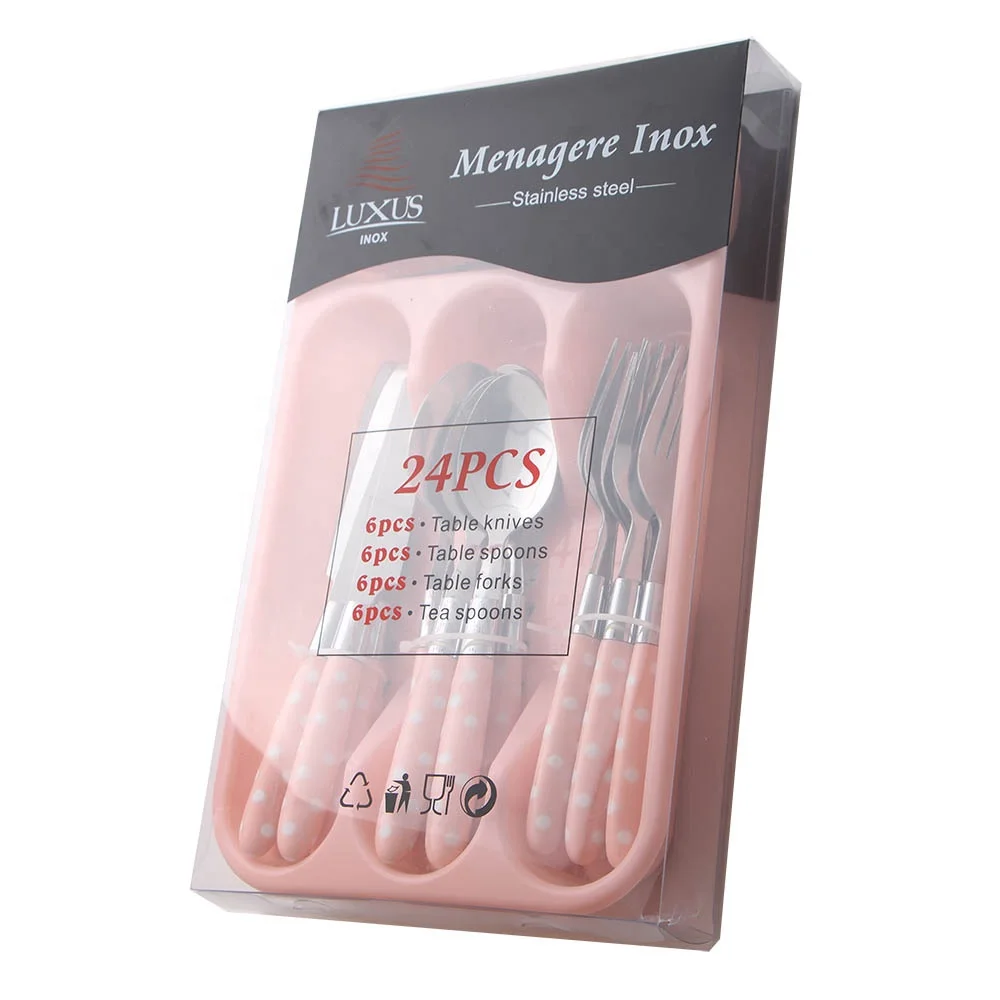 

Plain design 25 pcs rose pink plastic handle cutlery stainless steel inox couvert flatware set with tray caddy, Black