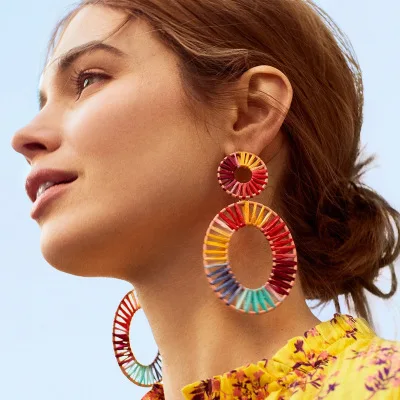 

AC-001 2019 Beautiful Rainbow Oval Geometric Earrings Multi Combo Raffia Statement Earrings Hoop Drop Dangle Jewelry