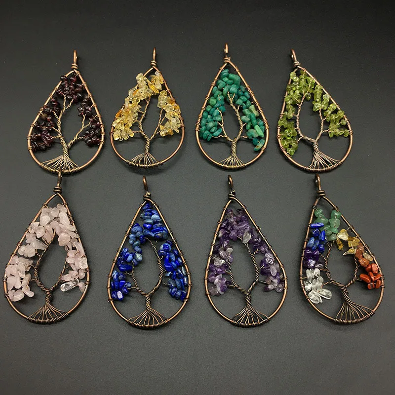 

Natural Gemstone Tree of Life Necklaces Handmade Pendants Crystal Chip Stones Chakra Pendant Men Women Jewelry