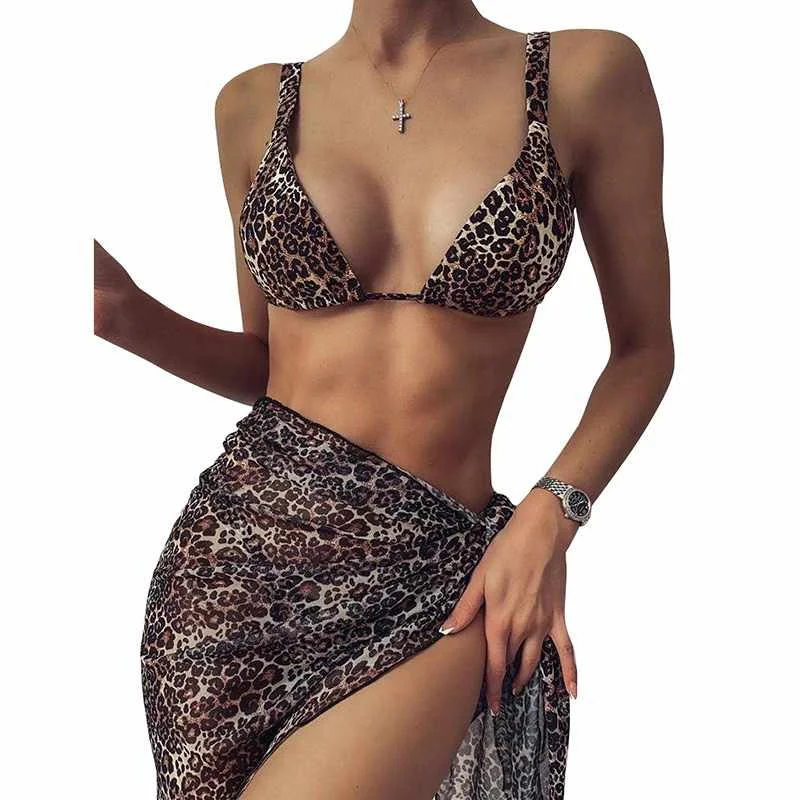 

2021 new arrival wholesale beachwear sexy lace up swimsuit leopard three piece set Bow tie bath suit bikini, Muticolor