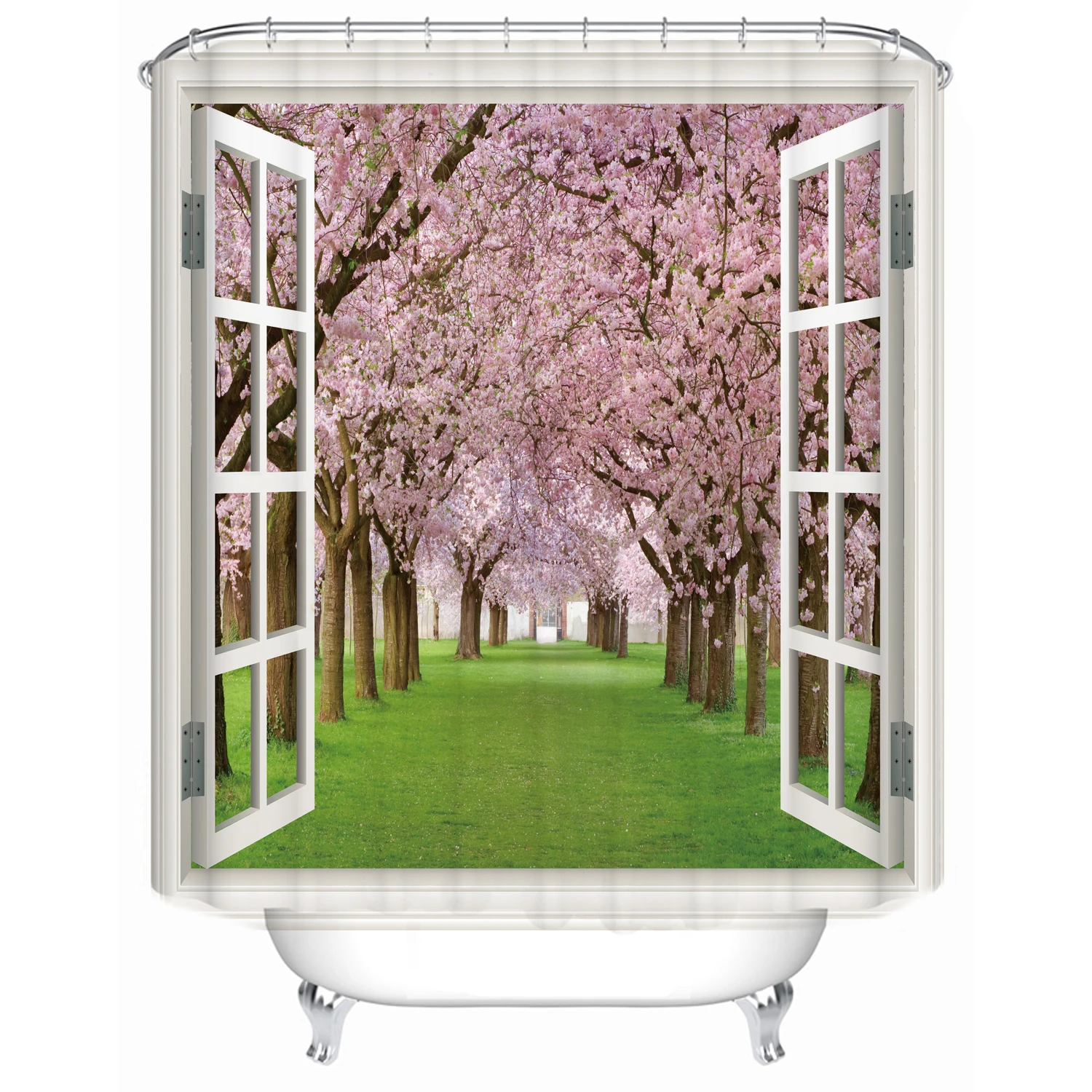 

180x180 bathroom partition bathtub waterproof curtain peach blossom custom printed shower curtain outside the window, Picture