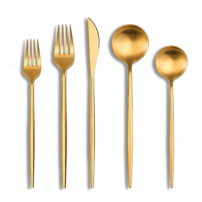 

Wholesale Bulk Portugal Gold Plated Matte Flatware Spoon Fork and Knife Stainless Steel Gold Cutlery Set for Wedding