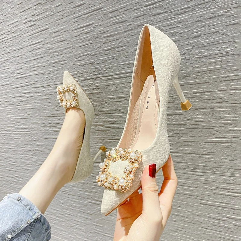 

pointed high heel women's shoes pearl rhinestone shallow mouth elegant party 8cm bridal shoes for wedding gowns