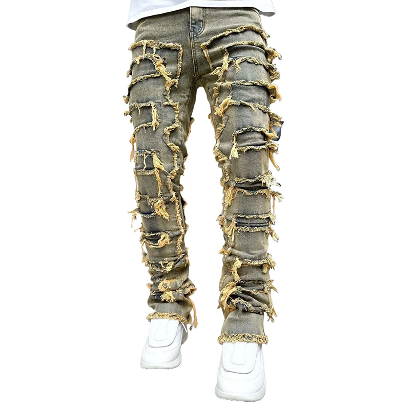 KY Street Wear Raw Edge Skinny Fitted Washed Raw Edge Distressed Jeans Luxury Men