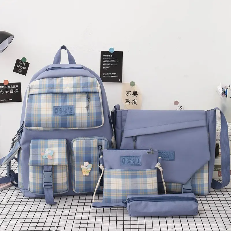 

2021 Junior High Students Plaid Canvas School Bag Boys and Girls Backpack Four Pieces Set Single Shoulder Bag Kit, 5 colors