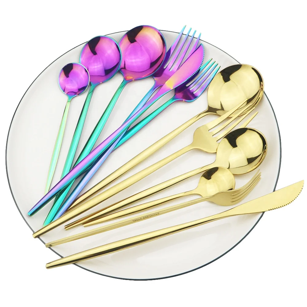 

Luxury dinnerware 6 pieces reusable travel tableware knife fork spoon stainless steel gold cutlery set, As photo