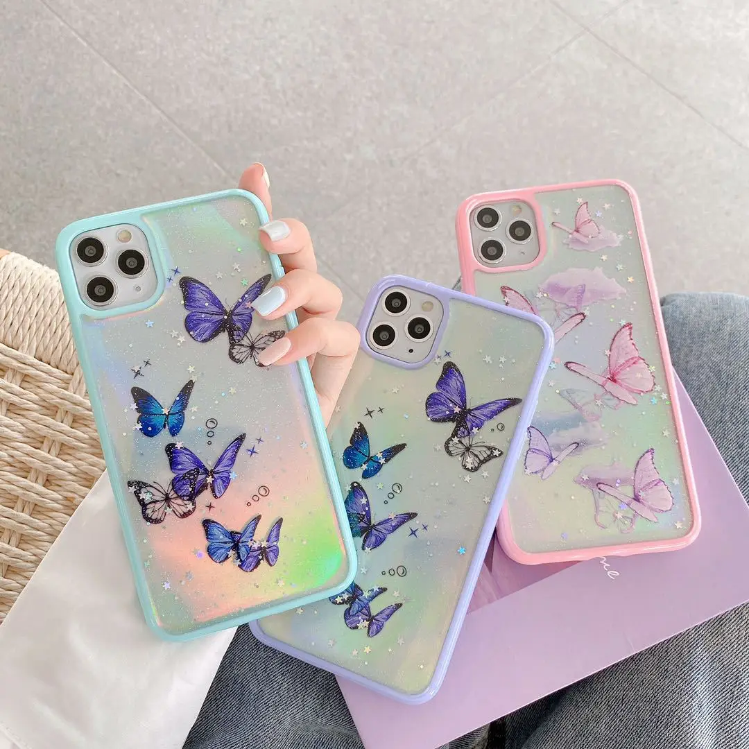 

HOCAYU Bling Laser Phone Case for iphone 11 pro max xr xs 7 8 plus Lovely Butterfly Fundas Girly Mobile Cover