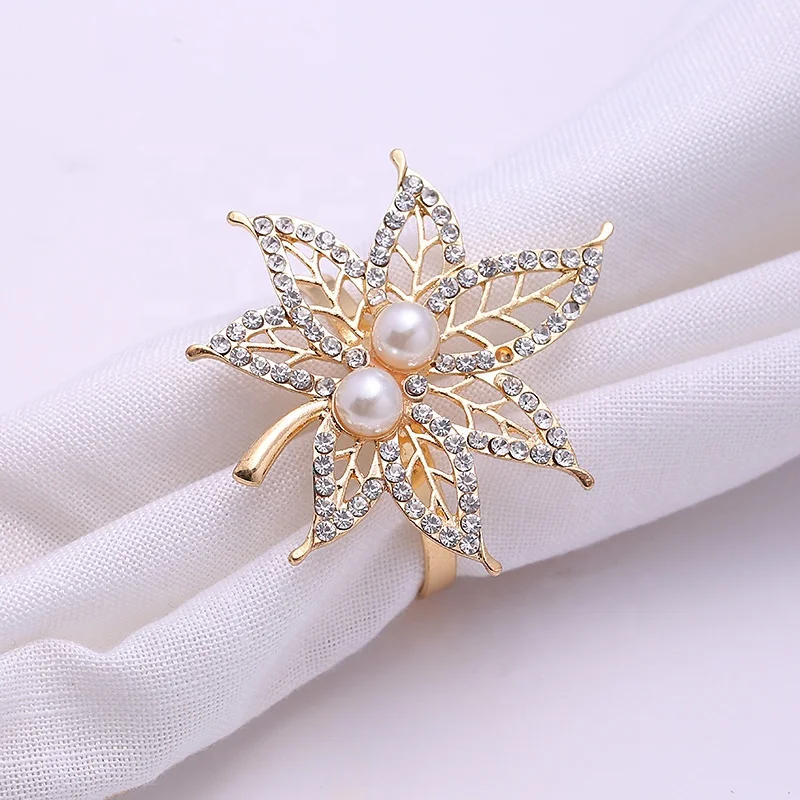 

Buckle Holder for Wedding Banquet Dinner Decoration Diamond Pearl Napkin Ring, Gold