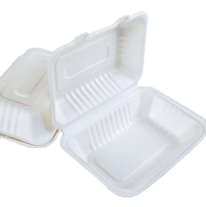 

Compostable 9 x 6 inch biodegradable disposable bagasse take away clamshell sugarcane food container box, White or natural