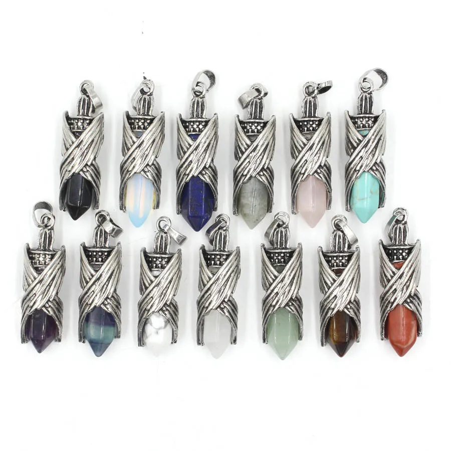 

wholesale natural stone hexagon prism pendant necklace gemstone jewelry tiger eye lapis lazuli crystal wing Pendant