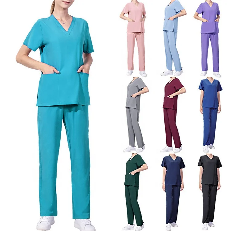 

light weight cheap women's wholesale oem logo custom nursing signature v-neck top pant sets scrub hospital uniforms scrubs set