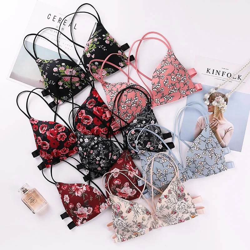 

2247 Hot sales ladies Floral Print Wireless Beauty Cross Back Front Closure push up bra, 25 colors