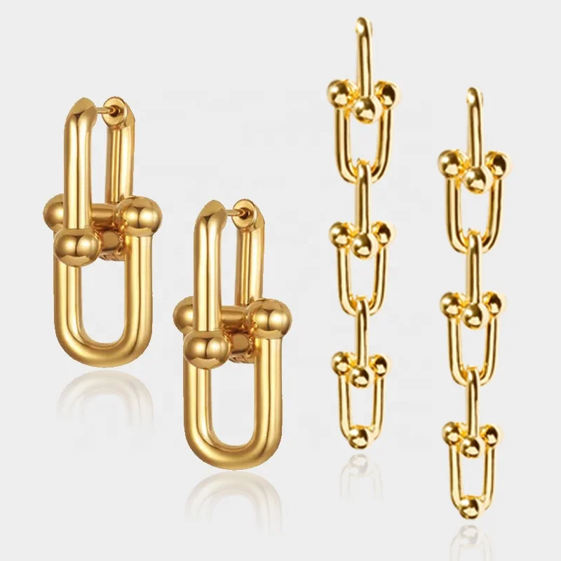 

Personalized Simple Brass And 18k Gold Plated Thick And Thin Chain U-shaped Earrings, Picture shows