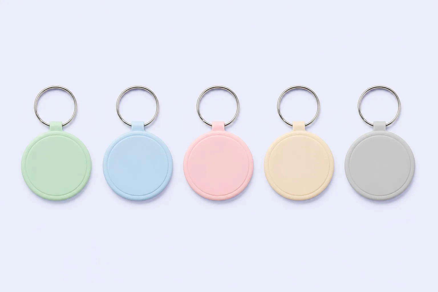 Five pastel PVC epoxy keychain tags in mint, blue, pink, cream and grey lined up