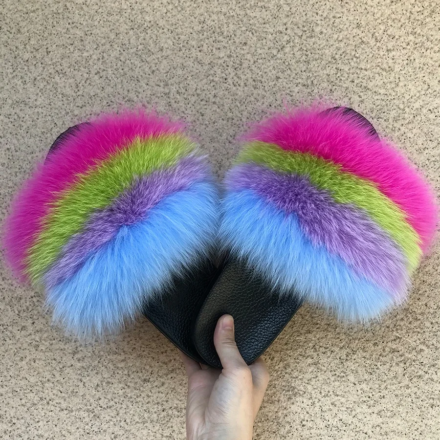

2020 new popular mixed-colored flat slides Fox Fur Slippers plush fashion fur flip flops for women