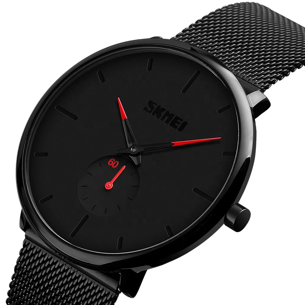 

brand your logo watch skmei 9185 all black steel mesh 3 atm water resist popular men quartz watch custom