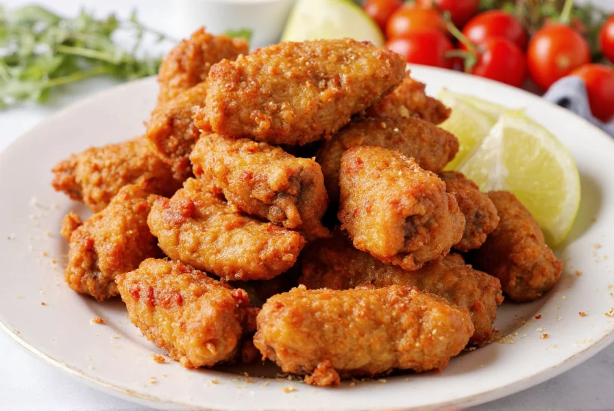 Crispy salt and chilli pepper chicken pieces with visible seasoning on white plate