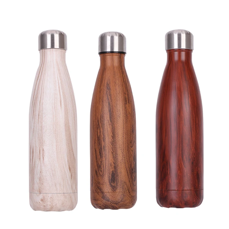 
500ml Wooden Design Logo Printing Cola Shape Double Wall Water Cup Vacuum Sport Flask Stainless Steel Insulated Bottle  (1600065775087)