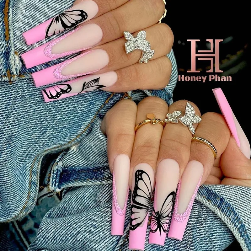 

24Pcs/Box Pink French False Nails With Glue Black Butterfly Transfer Nail Tips Detachable Acrylic Coffin Bow Press On Nails