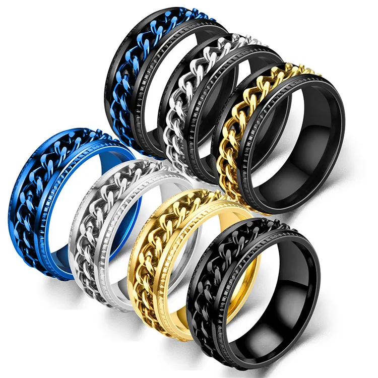 

G2378 Wholesale Men's Stainless Steel Rings Rotating Spinning Spinner Anti Anxiety Fidget Rotatable Chain Fashion Jewelry Rings