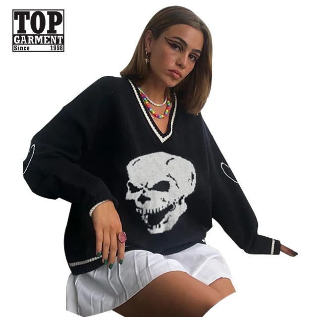 

2021 New College Style Skull Knit Pullover V-Neck Women's Sweater Autumn Sweater
