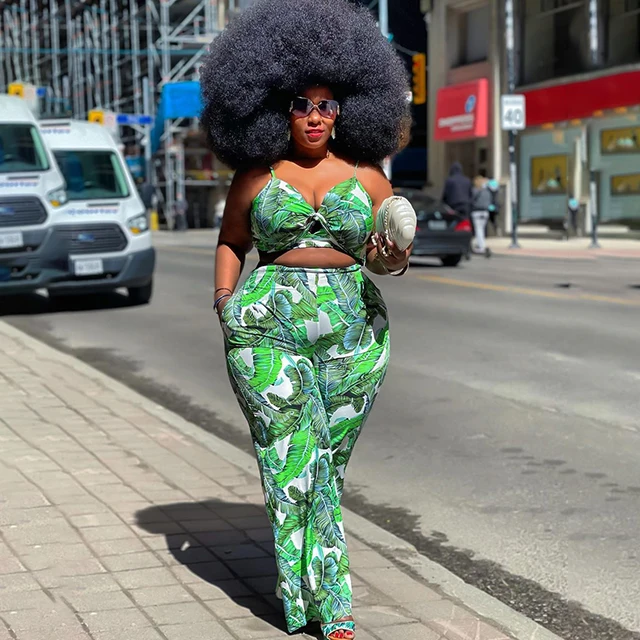 

2021 Sexy Summer Clothes Woman Sleeveless Two Piece Sets Plus Size Printing V Neck Tie Wrap 4x Outfits 2 Pc Top With Pants Set, Green