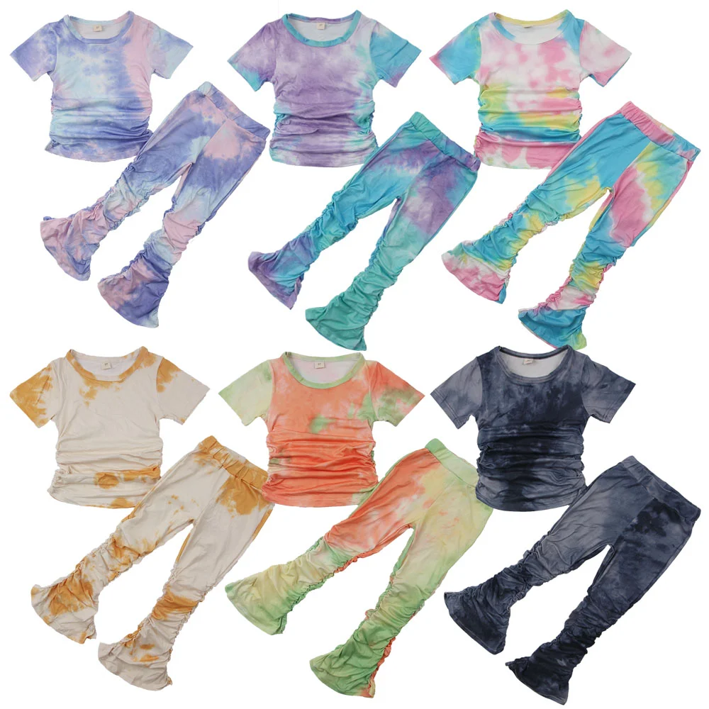

Wholesale Short Sleeves Girls Cloth Sets Stacked Pants Clothings Toddler Clothing Baby Girls Tie Dye Kids Clothing Set 2 Piece