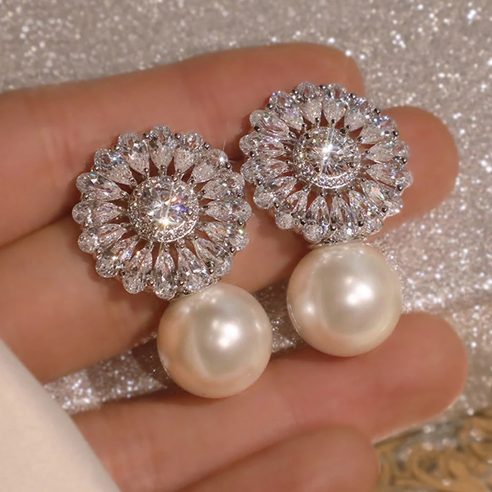 

Zircon Stud Earrings Imitation Pearl Delicate Female Earring For Party Women Fashion Jewelry, Gold and silver