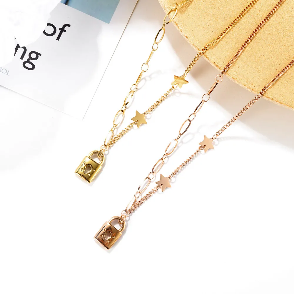 

Jessy Fashion 2021 Customiz Designer Brand Jewelry Necklace Stainless Steel Girls Women Chain Star Pendant Lock Necklace, As shown