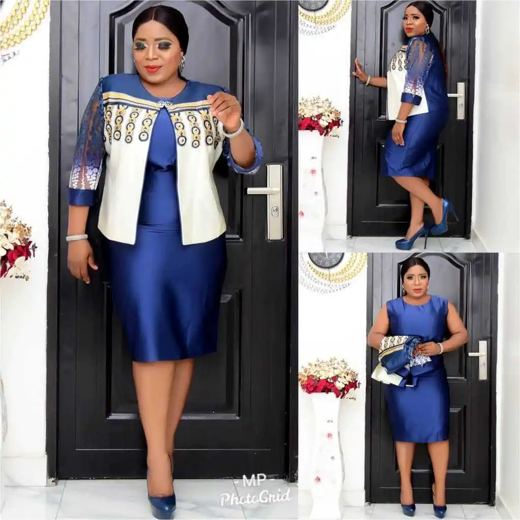 

High Quality Office Lady African Clothes Two Piece Set Print Coat Top and Dress Sets Vestido Plus Size African Dresses For Women, Customized color