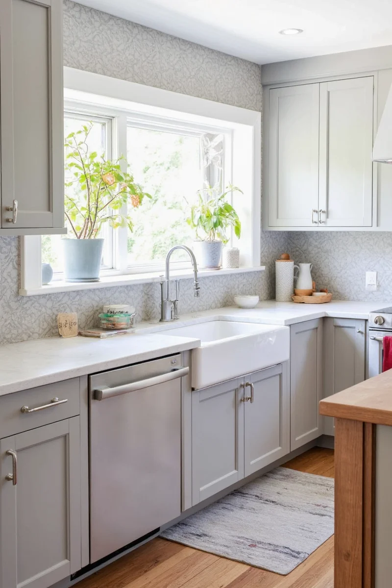 Kitchen with gray, yellow, and wood accents
