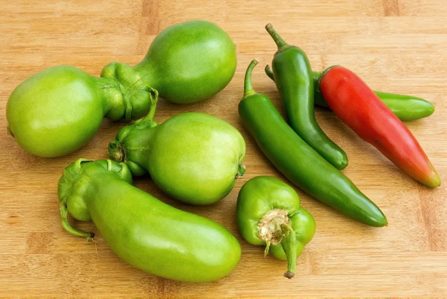 Fresh tomatillos with husks removed next to serrano and jalapeño peppers on wooden cutting board