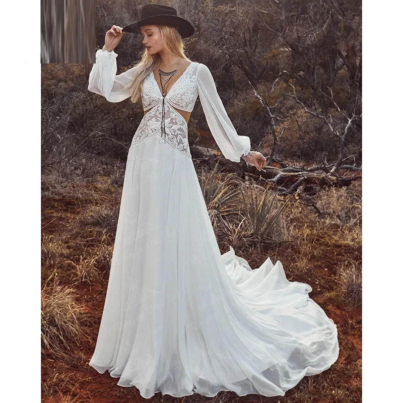 

11801# Bohemian Chiffon A-Line Long Sleeves Boho Lace Applique Sweep Train Deep V Neck Wedding Dress Wedding Bridal Gown Custom