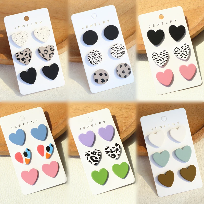 

Sweet Black and White Powder Cow Spot Printed Stud Earring Set Clay Texture Acrylic Love Heart Earrings