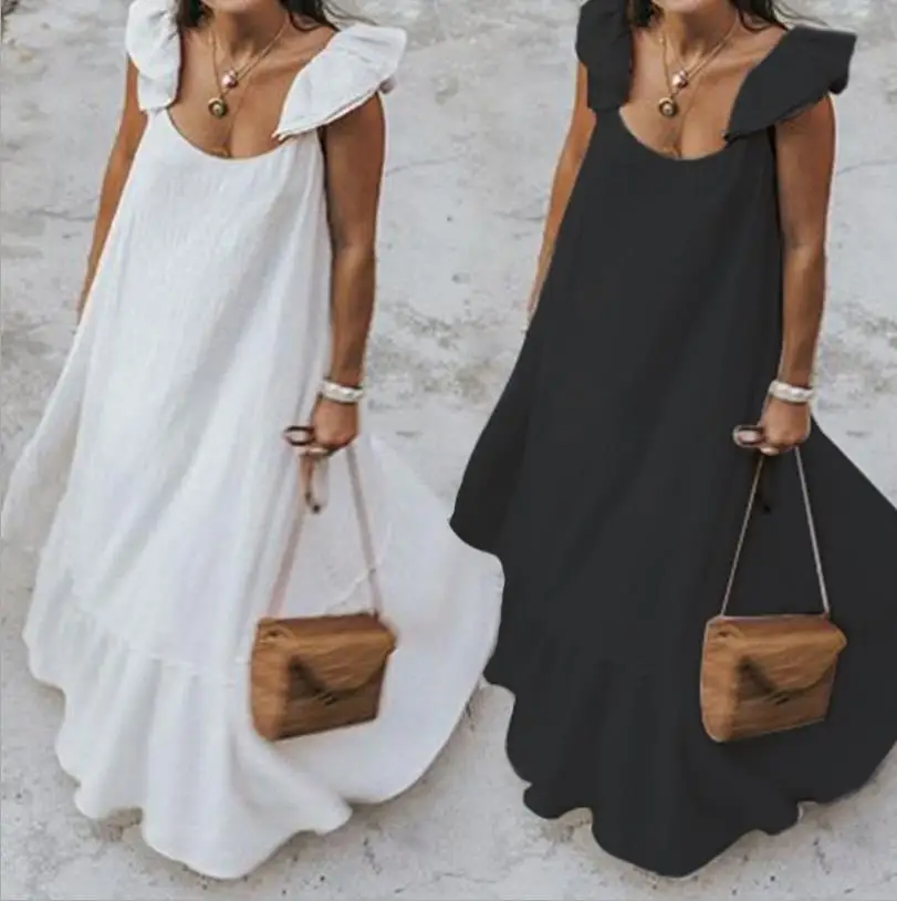 

2020 Women Sexy Maxi Summer Dress Long Dress Casual Loose Solid Pleated Beach Dress